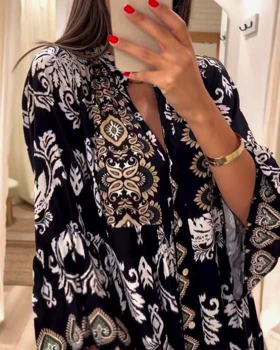 Vintage printed pleated loose dress