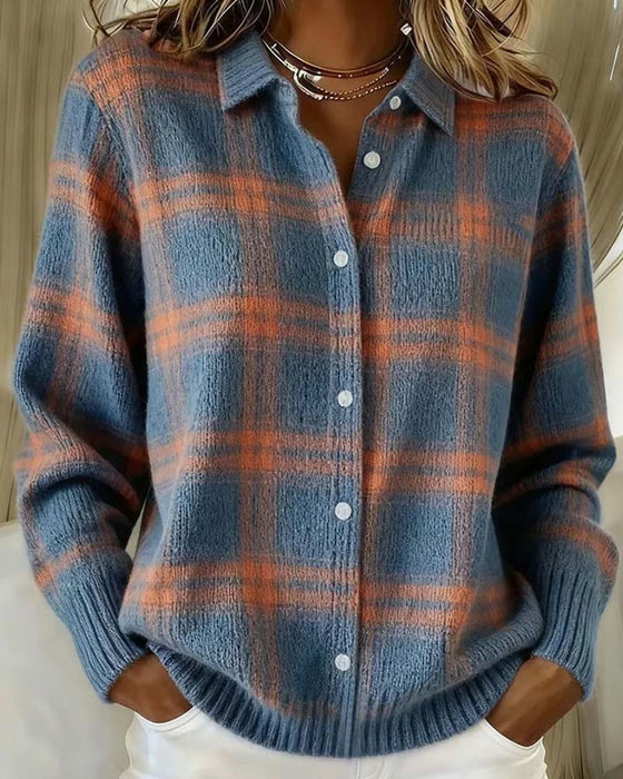 Plaid Shirt Collar Buttoned Cardigan