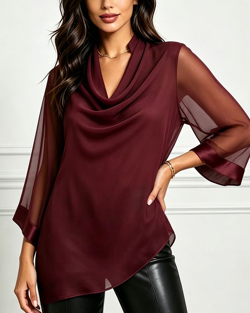 Cowl Neck Irregular Solid Sheer Blouse