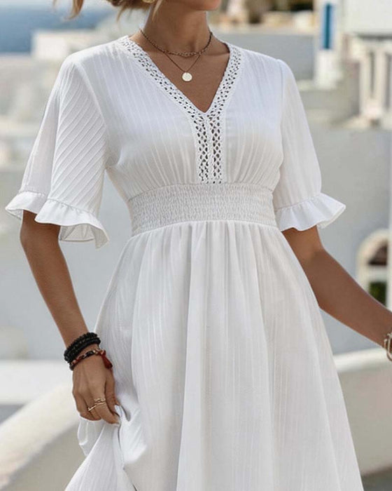 V Neck Cut Out Lace Medium Sleeve Dress
