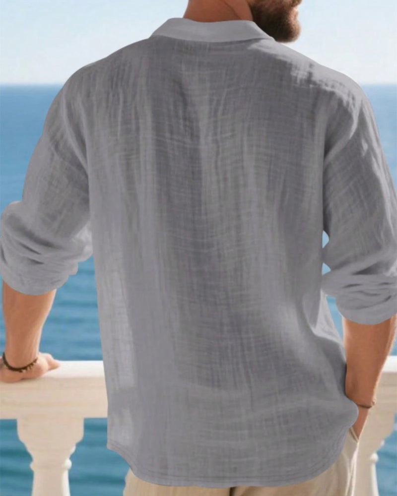 Men's Lightweight Loose Linen Long Sleeve Polo Shirt