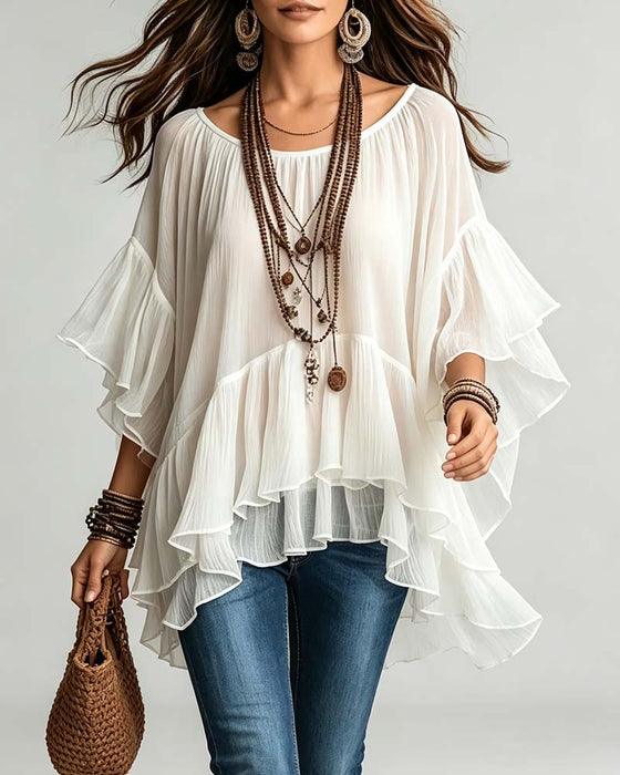Crewneck Double Layer Ruffle Irregular Sleeve Blouse