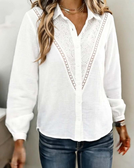 Hollowed-Out Lapel Patchwork Shirt