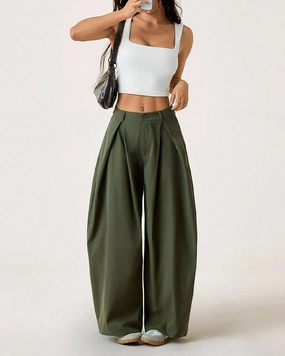 High-Waist Pleated Wide-Leg Casual Pants