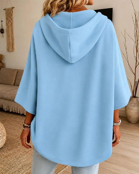 Three-Quarter Sleeve Drawstring Hooded Sweatshirt