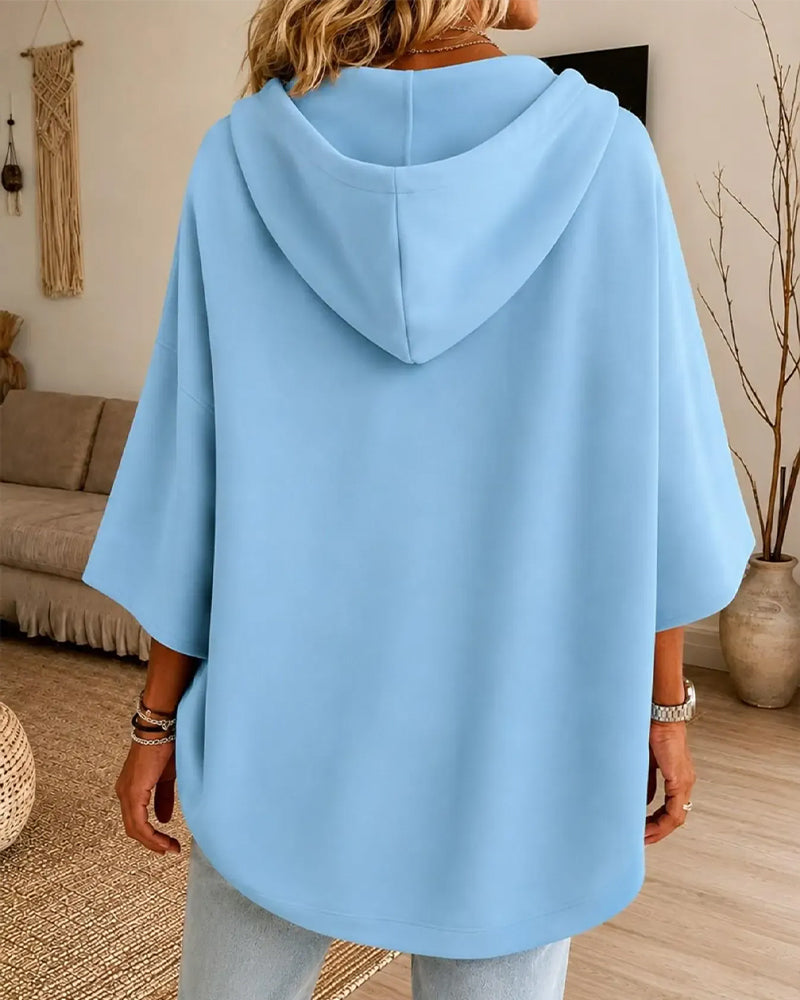 Three-Quarter Sleeve Drawstring Hooded Sweatshirt