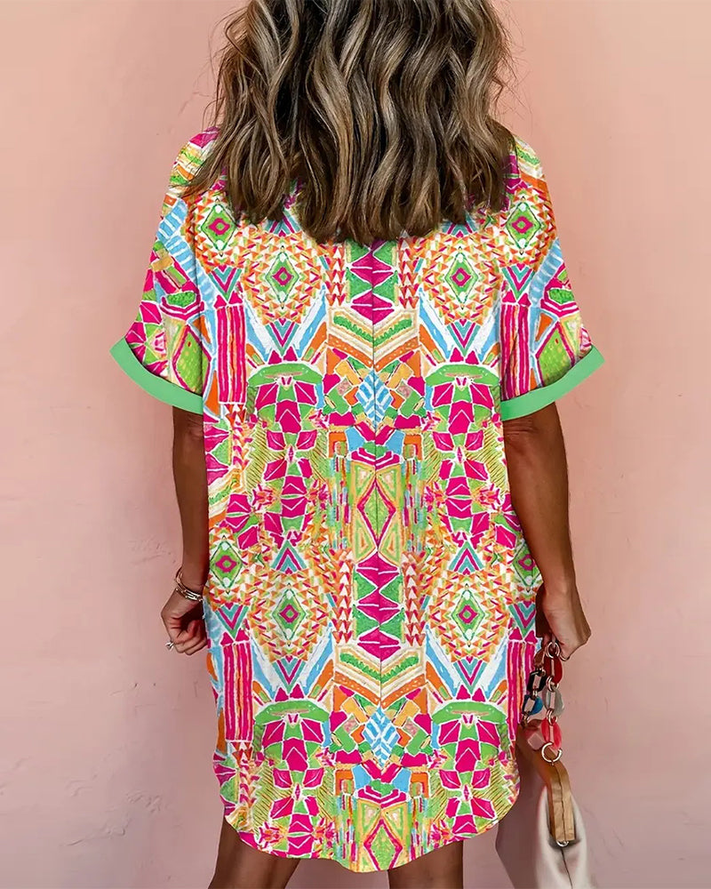 Lapel Colorful Print Shirt Dress
