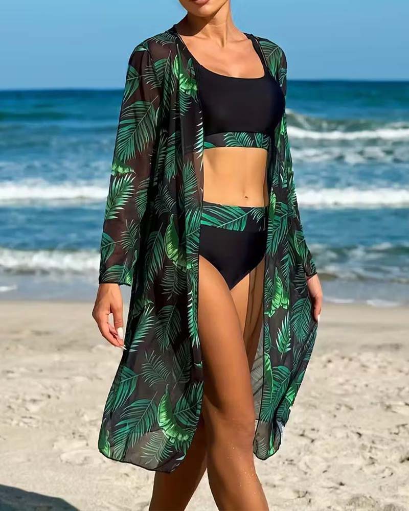 Botanical Print Bikini Three-Piece Set