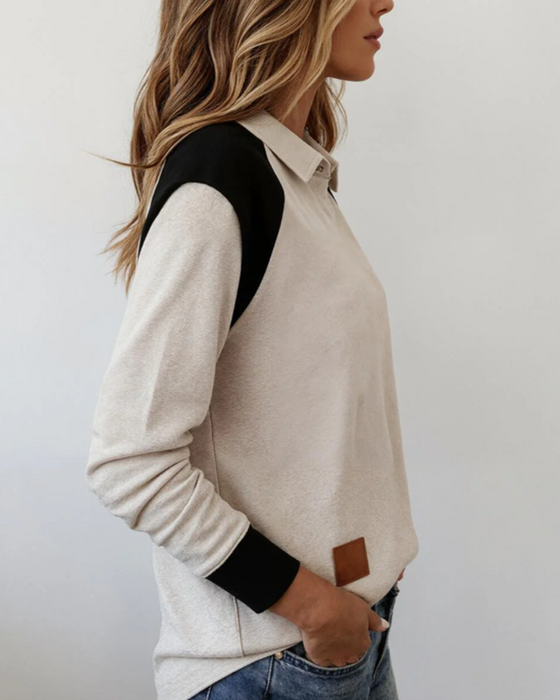 Stylish Lapel Contrast Color Sweatshirt