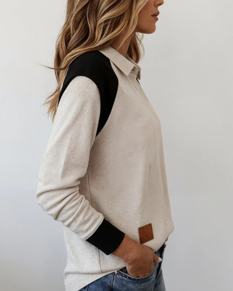 Stylish Lapel Contrast Color Sweatshirt