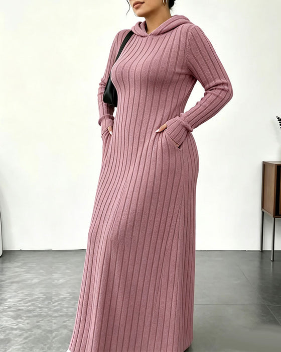 Hooded Pocket Ribbed Fitted Dress