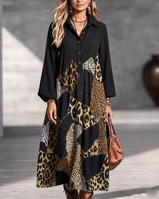 Leopard Color-Block Lapel Long Sleeve Dress