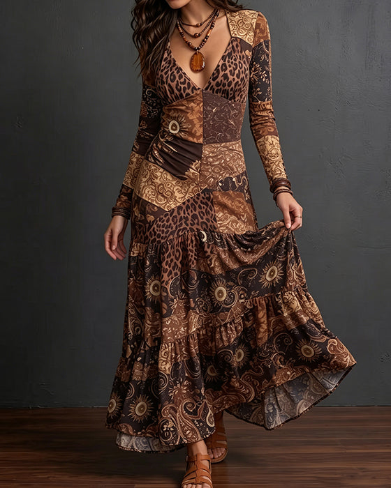 V-Neck Leopard Print Ruffled Long-Sleeve Dress