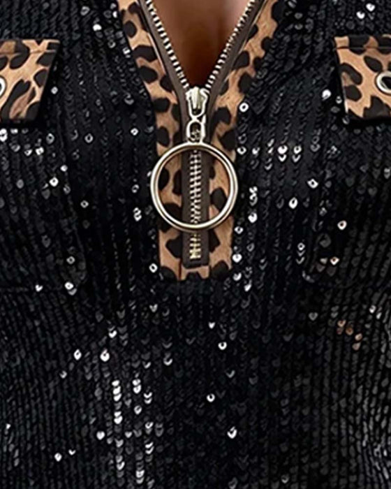 Stylish Leopard Patchwork Zip Top