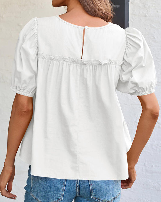 Puff Sleeve Loose Fit Ruffled Blouse