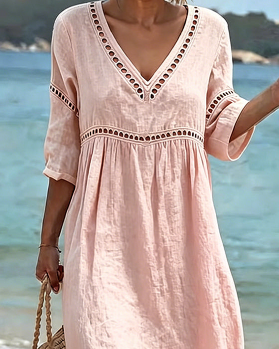 Solid Color Hollow-Out Casual Dress