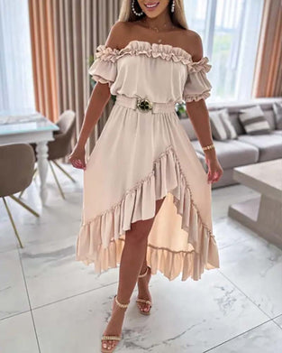 One shoulder puff sleeve solid color dress