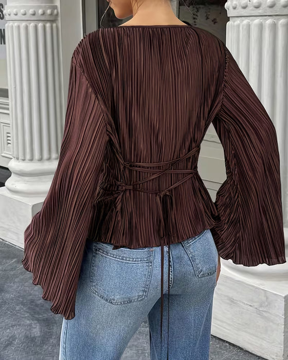 Solid Color Flare Sleeve Blouse