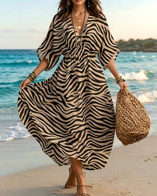 Zebra Print Waist V-Neck Full Skirt Dress