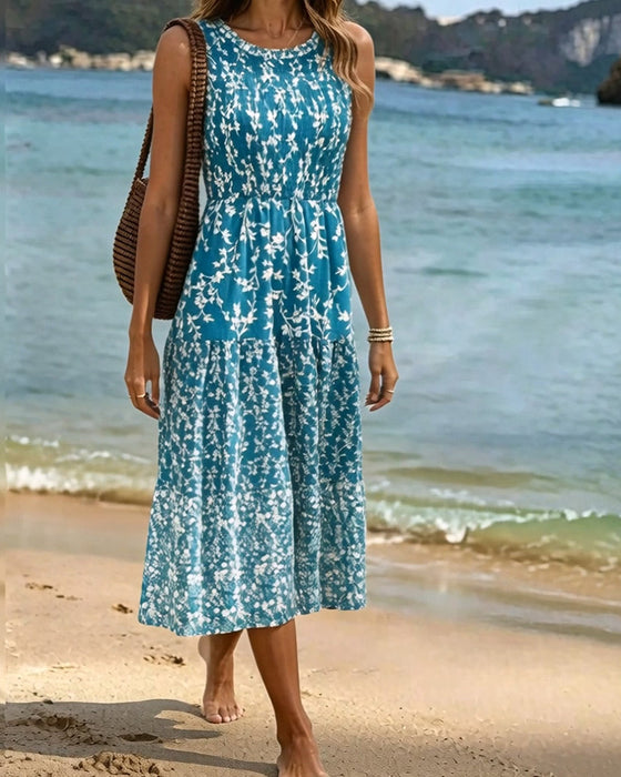 Sleeveless Floral Waist-Cinching A-Line Dress