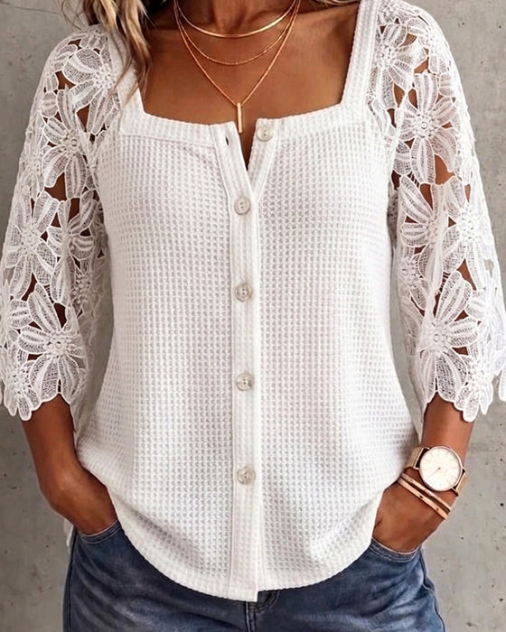 Lace Panel Waffle-Knit Button-Front Blouse
