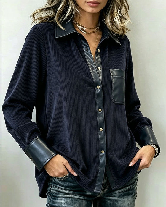 Corduroy PU Patchwork Lapel Shirt