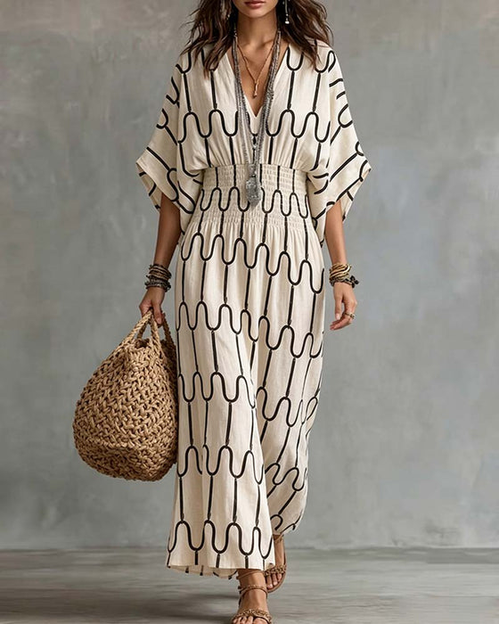 V-Neck Geometric Pattern A-Line Dress