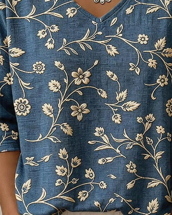 V-Neck Half Sleeve Floral Blouse