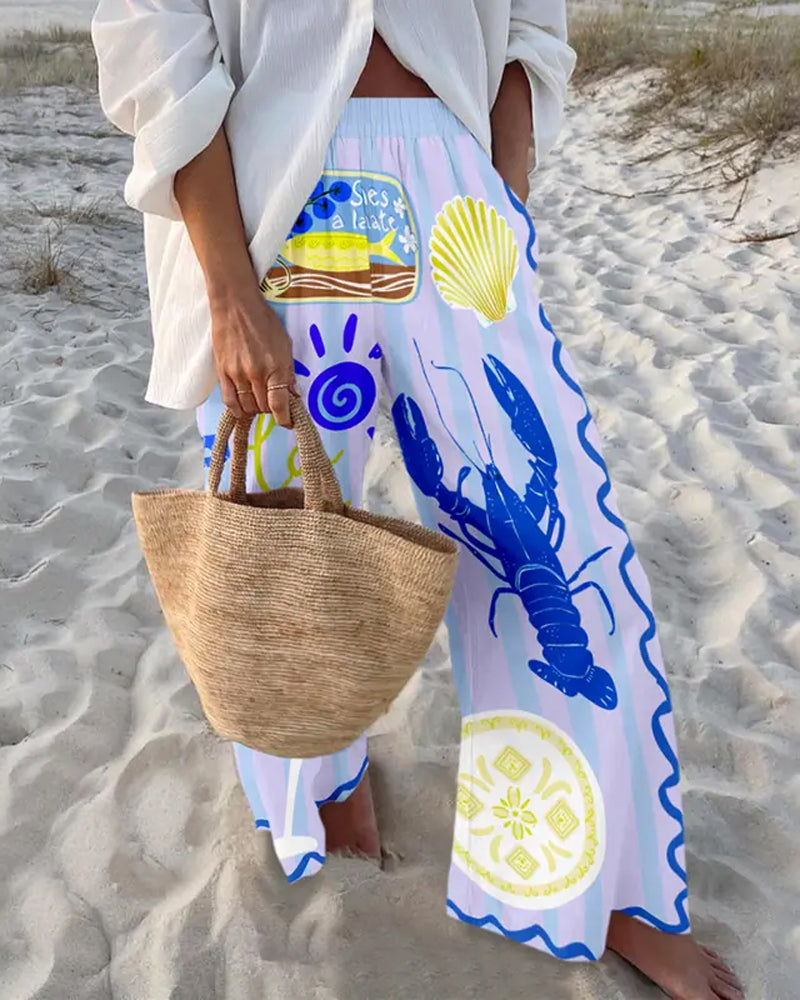 Ocean Print Wide-Leg Pants