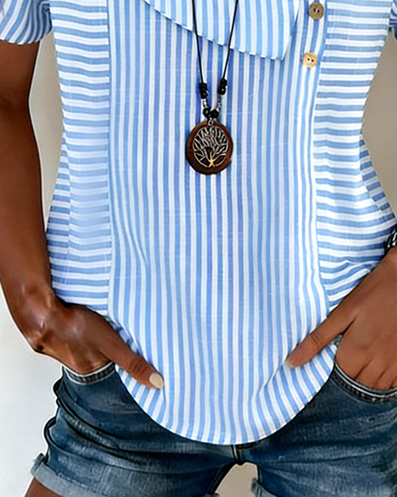 Striped Puff Sleeve Asymmetrical Blouse