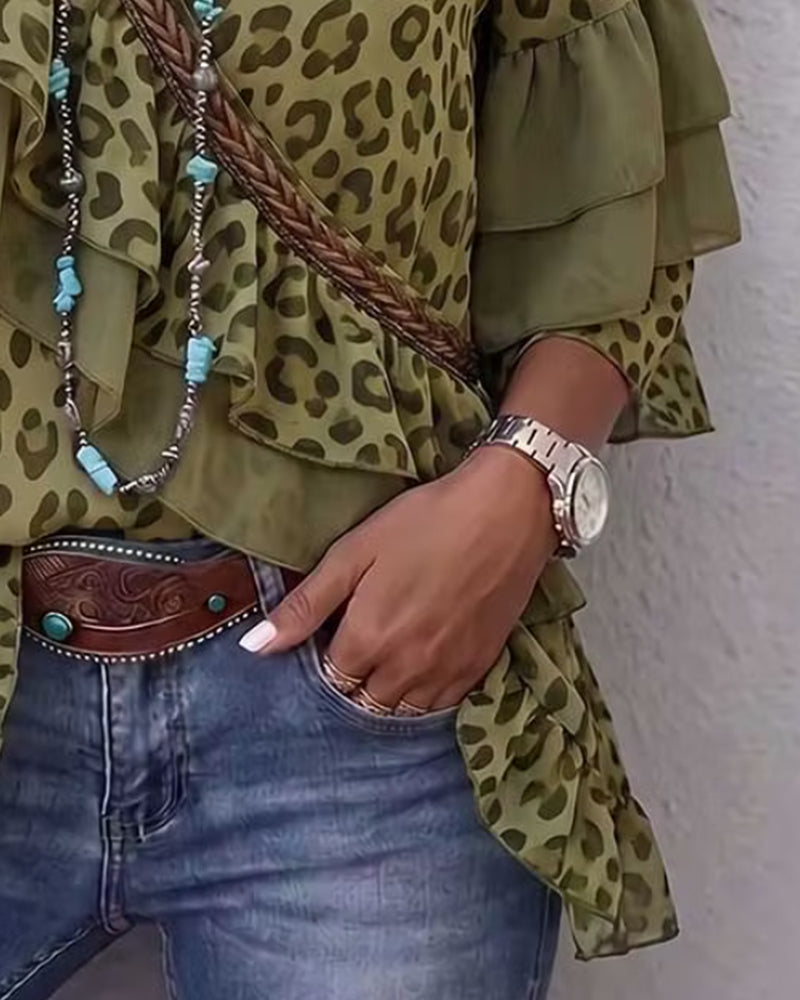 V-Neck Ruffle Leopard Blouse