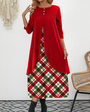 Red fake 2in1 plaid a line velvet dress