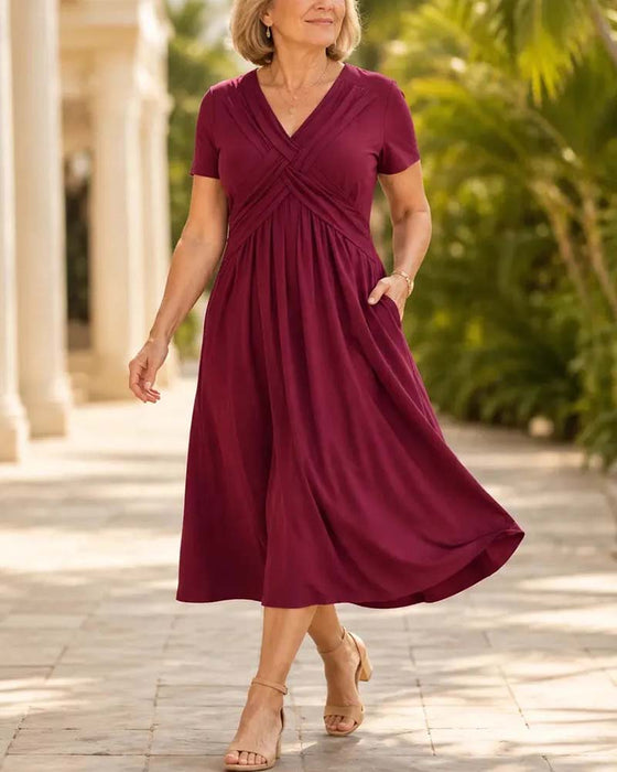 Cross V-Neck Fitted Waist Short Sleeve A-Line Dress