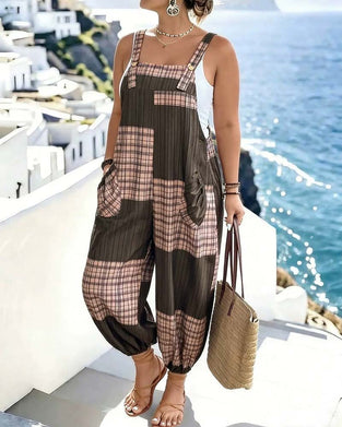 Plaid Color-Block Overall Jumpsuit