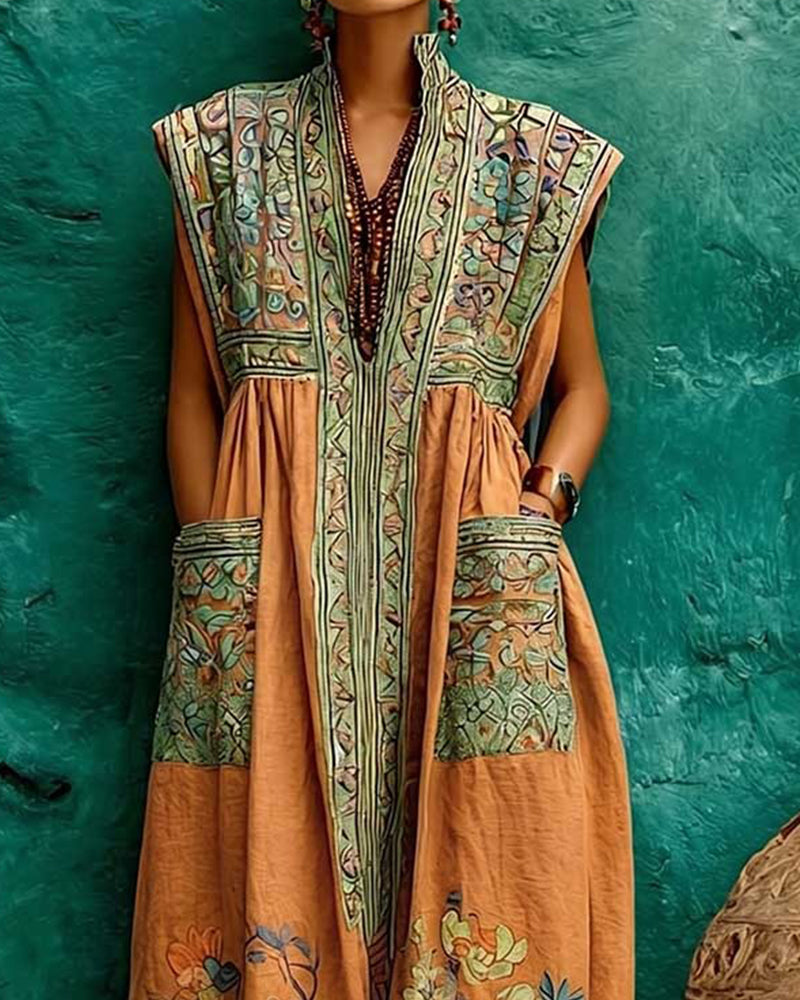 Retro Print Pocket Sleeveless Long Dress