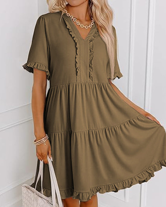 Ruffle Trim V-Neck Tiered Hem Dress