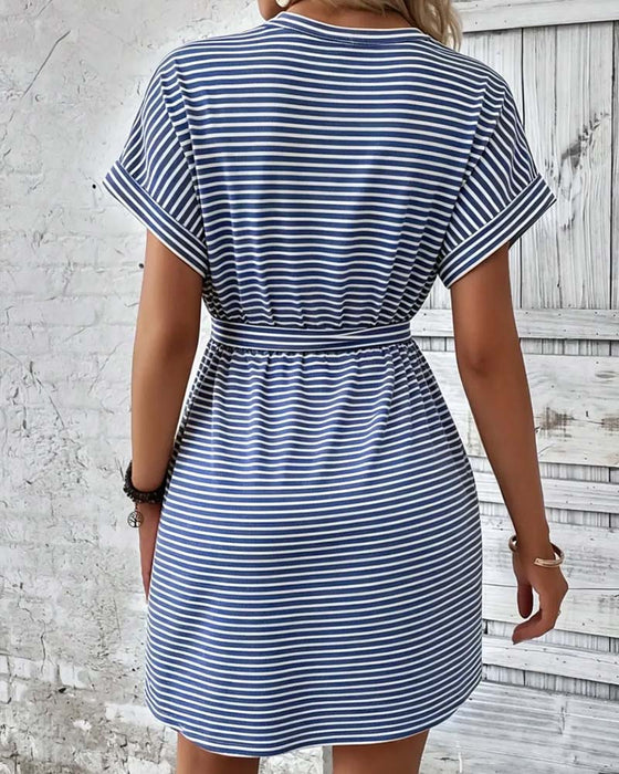 Round Neck Stripe Tie Waist Dress