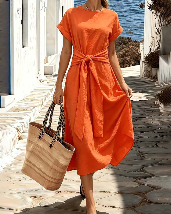 Circle Neck Solid Color Tie String Full Skirt Dress