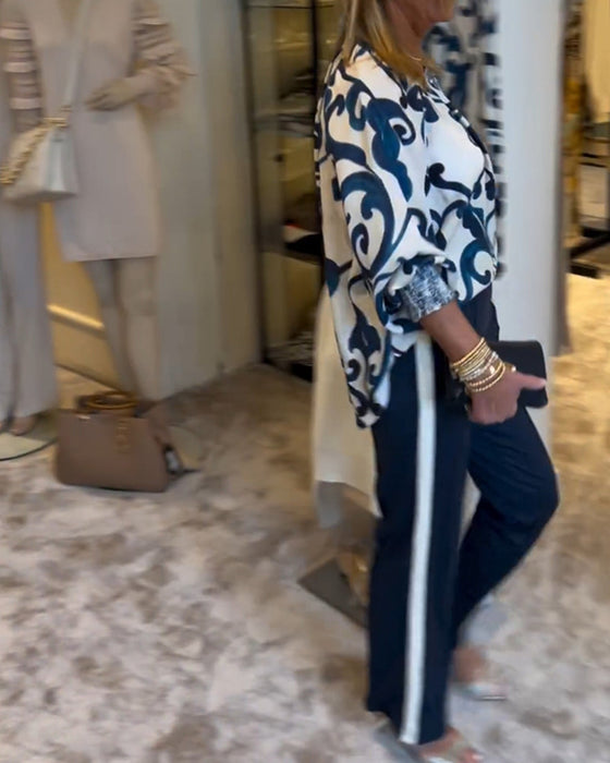 Retro pattern print lantern sleeve blouse