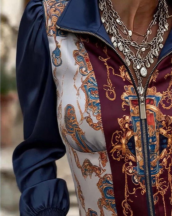 Puff Sleeve Patchwork Printed Zip Top