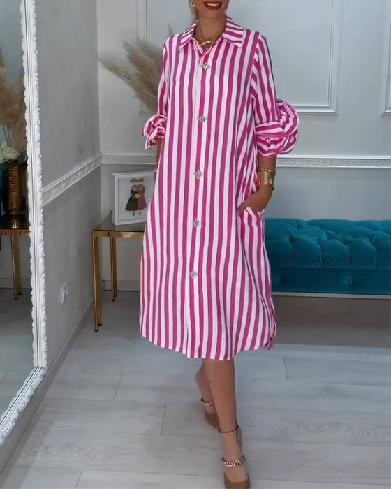 Shirt Collar Stripe Slit Dress