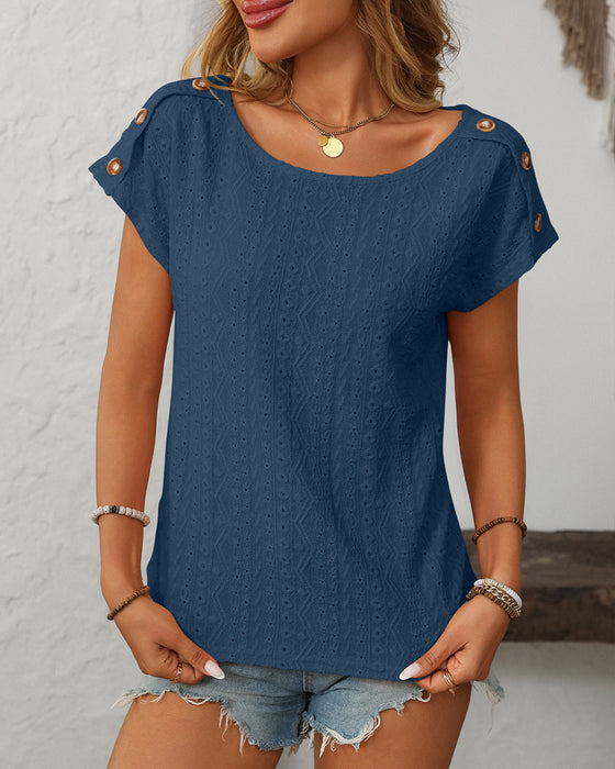 Round Neck Button Cutout Short Sleeve Blouse