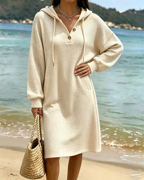 V-Neck Button Pocket Hooded Waffle Dress