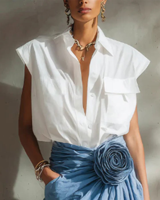 Deep V Lapel Sleeveless Blouse