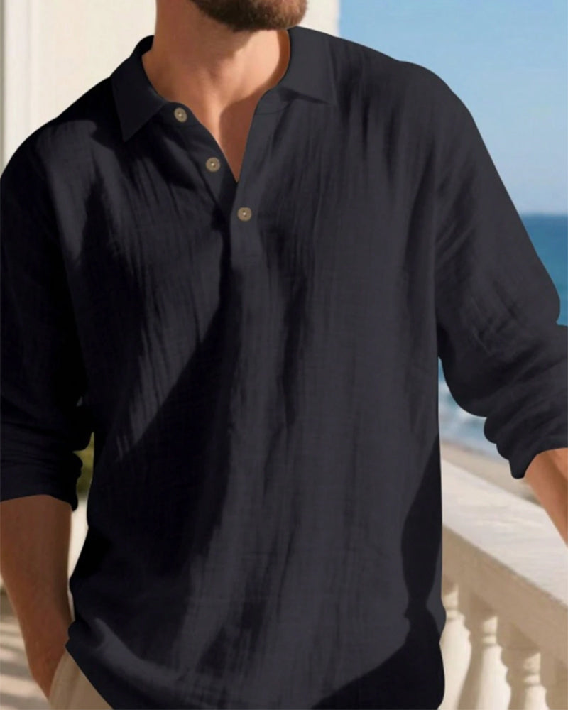 Men's Lightweight Loose Linen Long Sleeve Polo Shirt