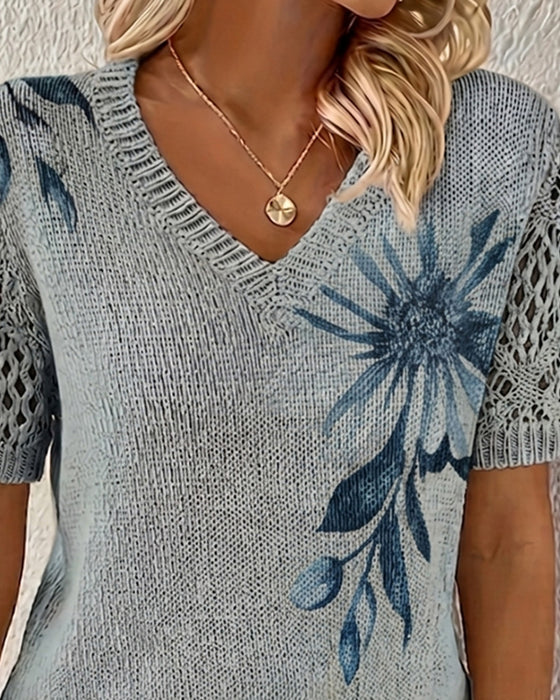 V-Neck Knitted Floral Pullover