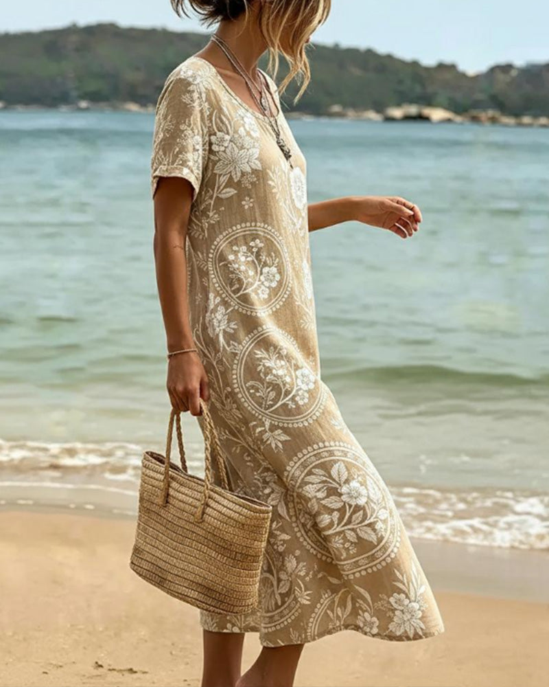 Crew Neck Floral Bird Print Dress