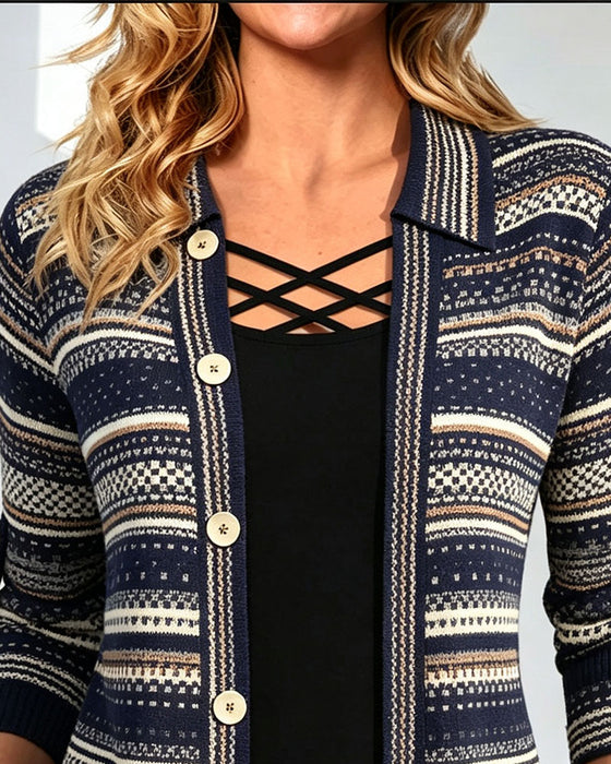 Bohemian Stripe Lapel Mock Layered Blouse