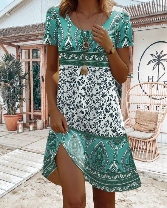 Short-Sleeved Contrast Print Dress
