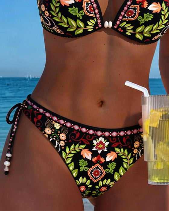 Ethnic-Style Floral Halterneck Two-Piece Bikini